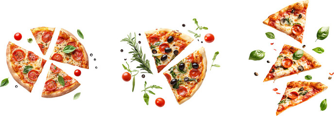 Delicious pizza slices with pepperoni, olives, and fresh herbs, some with ingredients flying, isolated on transparent.