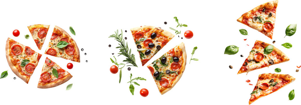 Delicious pizza slices with pepperoni, olives, and fresh herbs, some with ingredients flying, isolated on transparent.