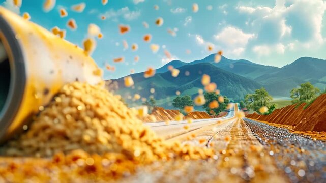 Granular Material Flowing from Pipe on Dirt Road with Mountains