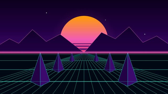 Synthwave Retrowave Retro Landscape with Sunset and Pyramids Background