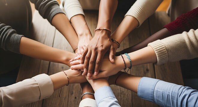Diverse group of people putting their hands together in a symbol of unity and teamwork on a wooden floor