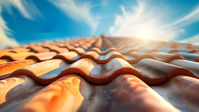 Terracotta Roof Tiles Under Sunny Blue Sky with Warm Sunlight