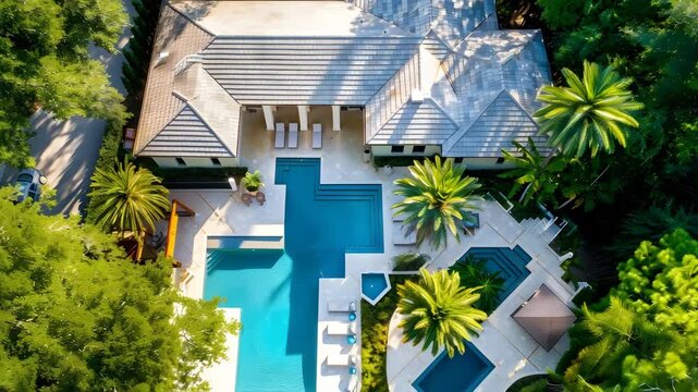 Luxury House Aerial View with Modern Mansion, Swimming Pool, and Lush Gardens