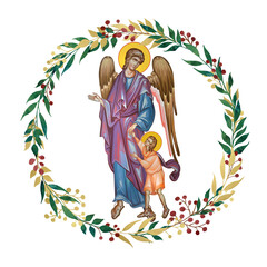 Obraz premium Guardian angel with a kid. Decorative vintage floral wreath, illustration in Byzantine style isolated
