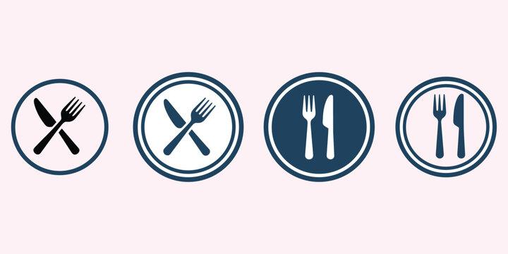 Four circular icons with navy blue outlines and white backgrounds featuring cutlery symbols circle