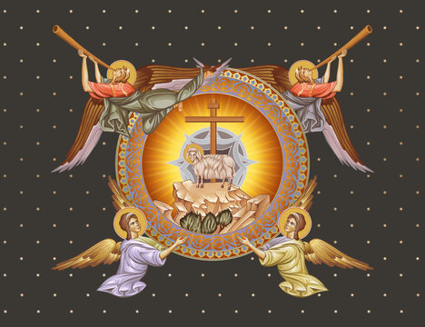 Behold the Lamb of God who takes away the sin of the world. Decorative vintage illustration with angels in Byzantine style