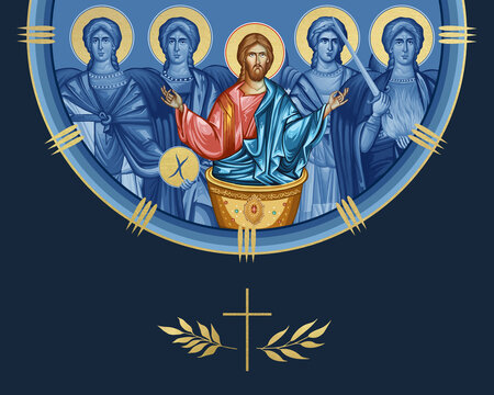 Heaven Liturgy. Jesus Christ in Holy Chalice and four cardinal points (Archangel Gabriel, Uriel, Raphael and Michael). Illustration in Byzantine style isolated