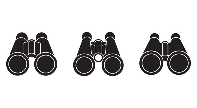 Black binoculars icons set with white outlines on white background  optical instruments for observing and exploring