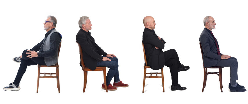 side view of a group of mature men sitting on chair on a white background