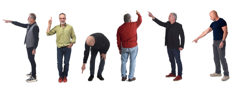 a group of mature men pointing their fingers in all directions