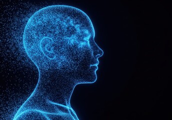 Obraz premium Digital human head made of blue particles on dark background with glowing effect