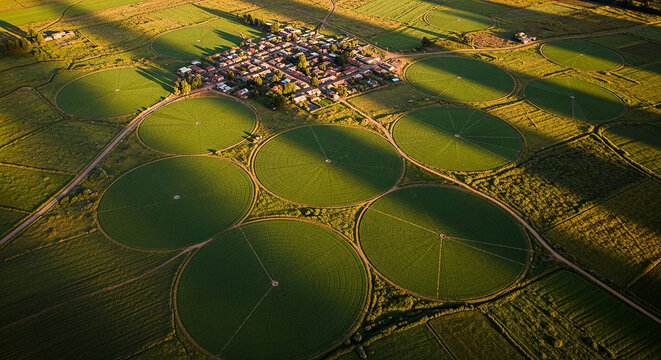 Aerial View of Circular Farmland Irrigation Systems Surrounding a Village