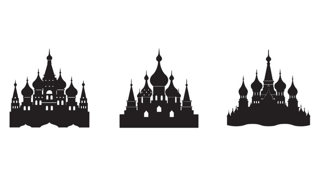Set of russian orthodox church and kremlin tower silhouettes  iconic architectural landmarks  cultural heritage  historical buildings