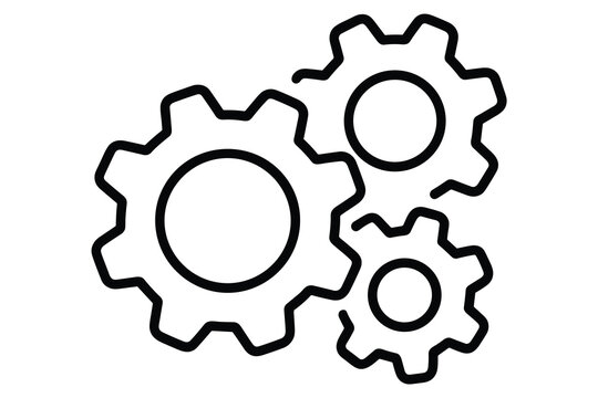 Three interconnected outline gear icons of different sizes on a white background cog icon cogwheel icon