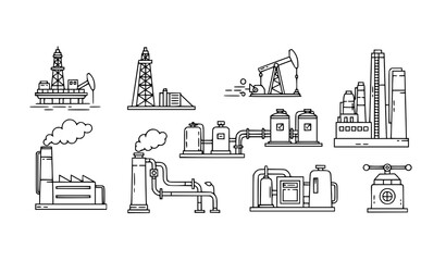 Obraz premium Minimalist oil and gas extraction line icons with drilling rigs pipelines refinery and industrial plants vector set