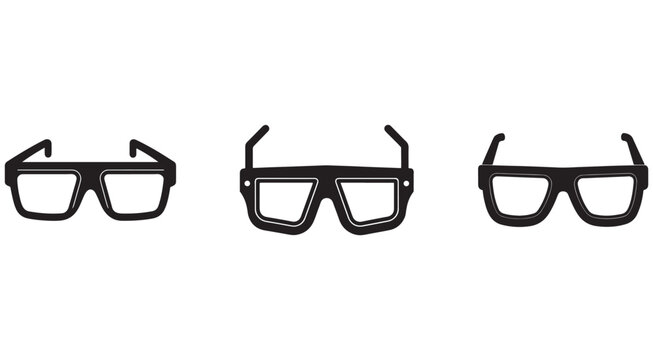 Three black 3D glasses with clear lenses and different frame shapes and sizes for 3D vision  side and front views