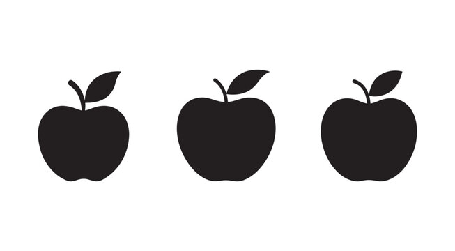 Three black apples with leaves on white background  simple fruit icons