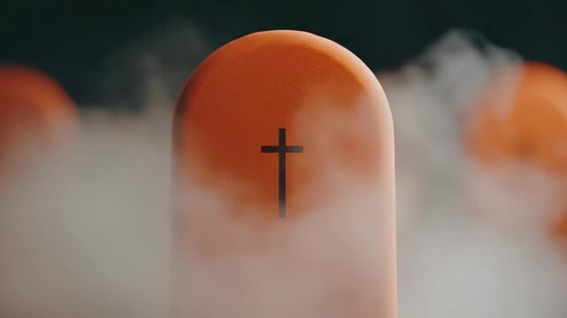 Orange gravestones in misty cemetery. Foggy graveyard with crosses on tombstones. Spooky halloween atmosphere and death theme in sequence