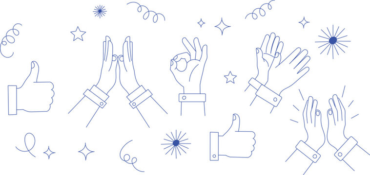 Set of hand gestures thumbs up, high five, okay sign, and clapping, with festive elements.