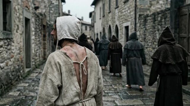 Rear view of a hooded medieval flagellant penitent with exposed back walking down a narrow cobbled street during a religious procession with other monks in a historical stone village