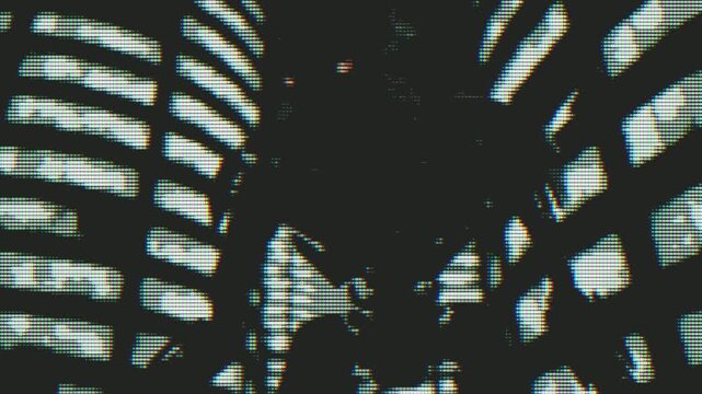 A pixelated abstract pattern resembling stylized foliage or organic forms. Dynamic light shifts across the retro digital texture, creating a mesmerizing loop.