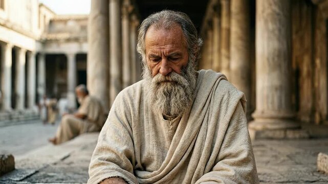 Older bearded Roman era philosopher wearing a traditional beige tunic deep in contemplation seated on ancient stone steps within a grand classical colonnaded architectural courtyard during daytime
