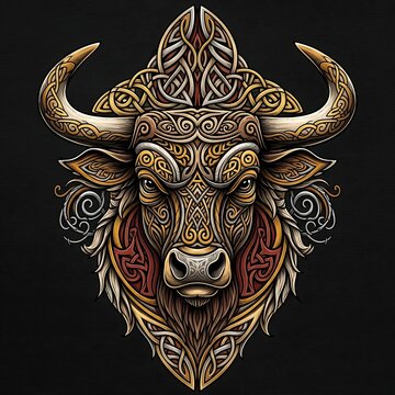 Ornate bull head with intricate golden Celtic knotwork patterns on a dark background