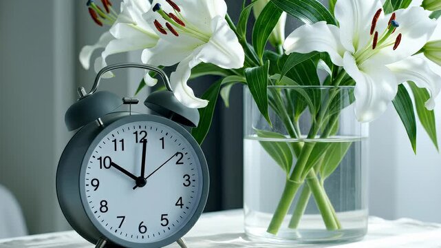Close-Up of an Alarm Clock and White Lilies in a Vase on a Table