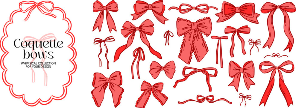 Cute pink and red ribbon bow vector set for a coquette tie. This gift illustration is drawn with a whimsical style. Use this doodle for lace decor