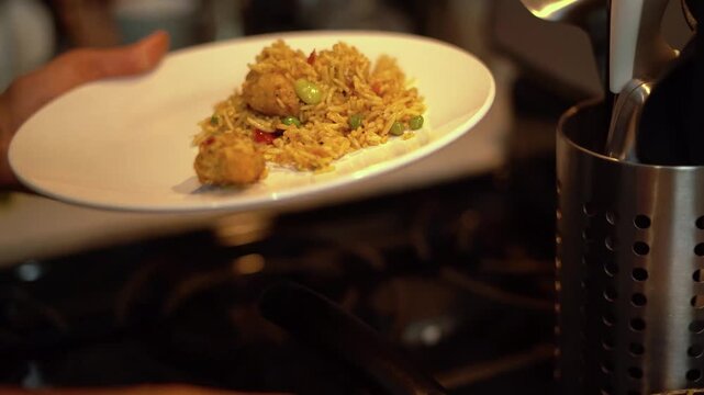 Chef Serving Yellow Cooked Rice from a Frying Pan