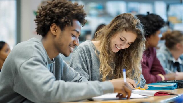Diverse group of students engaging in active learning during a classroom discussion in a modern educational environment