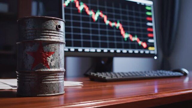 Miniature petroleum drum featuring a red star symbol resting on a wooden office tabletop against a digital background screen displaying a decreasing market trend chart and falling energy cost.