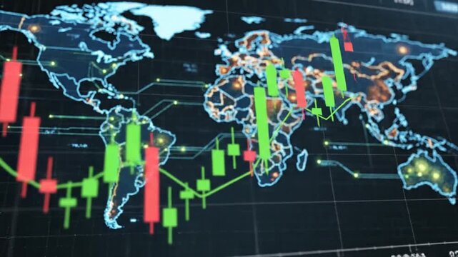 Digital financial candlestick chart displaying stock market fluctuation and global trade investment data over a stylized world map background for economic growth visualization