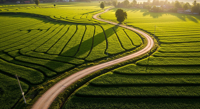 Winding Dirt Road Through Lush Green Terraced Tea Plantation at Sunrise