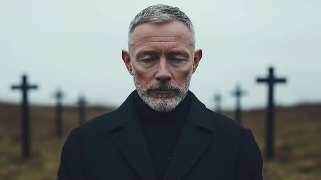Man in black coat and turtleneck standing among black crosses in foggy field. Somber mysterious portrait sequence in cemetery-like landscape for dramatic storytelling.