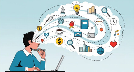 Creative Thought Process - Man at Laptop with Idea Cloud. © Anik