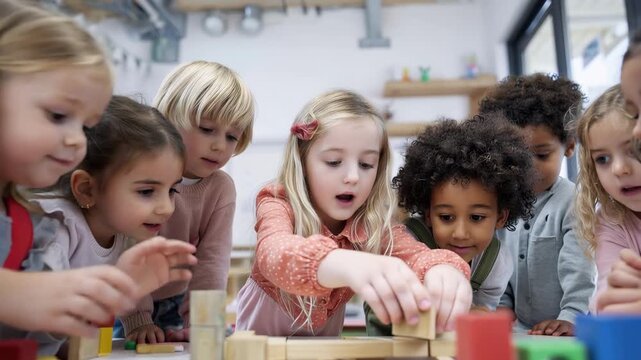 Preschool children working together in a classroom setting to build structures with colorful blocks and enhance their collaborative skills