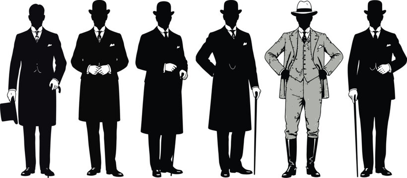 Vintage gentleman silhouette set, aristocrat men in classic suits with cane and hat, elegant Victorian style characters, detailed vector isolated background