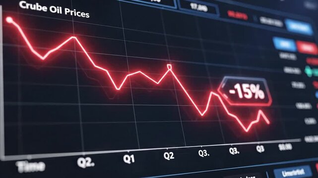 Financial data visualization displaying a sharp decline in global crude oil market prices with a falling red line chart on a digital monitor representing economic recession and energy cost drop.