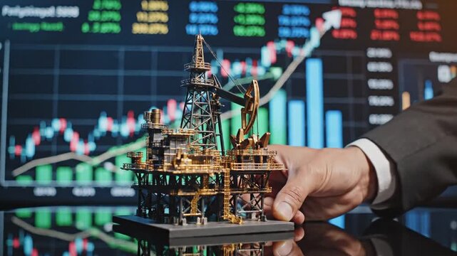 Conceptual vision of global energy market showing human hand holding miniature petroleum derrick over rising financial stock chart illustrating oil industry investment and economic growth potential
