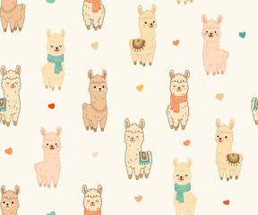 A seamless whimsical design of cartoon llamas with colorful accessories and scattered hearts on a beige background, perfect for textiles and decorative art. © kanchan