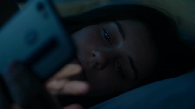 Young Female Using Phone In Quiet Night. Sleepdeprived Woman Relaxing With Phone And Gentle Light