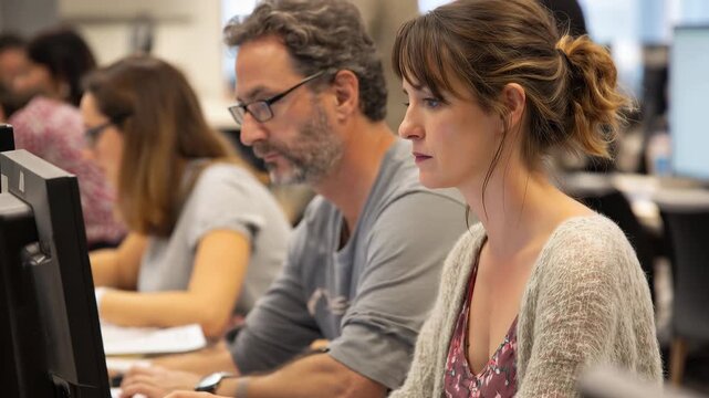 Focused adults engage in collaborative learning and skill development using computers in a modern classroom setting during a structured education session