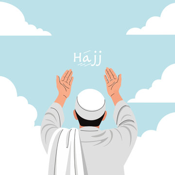 Muslim pilgrim raising hands in prayer to the heavens during Hajj, signifying devotion and supplication