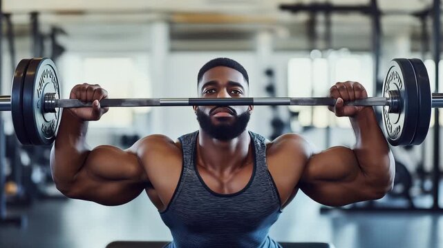 Individual lifts weights overhead in a gym setting while focusing on strength training and fitness