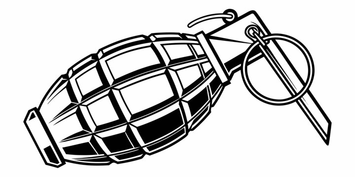 A black and white drawing of a grenade