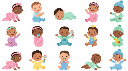 Diverse baby character collection | Multicultural infants crawling and playing with toys | Flat vector illustration set for childcare design