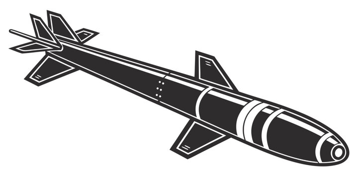A black and white drawing of a missile