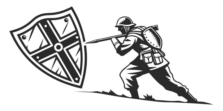 A soldier in world war i uniform holding a shield and a spear