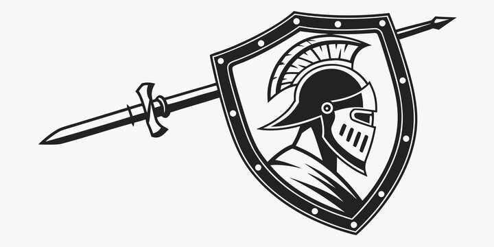 A black and white image of a gladiator shield with sword